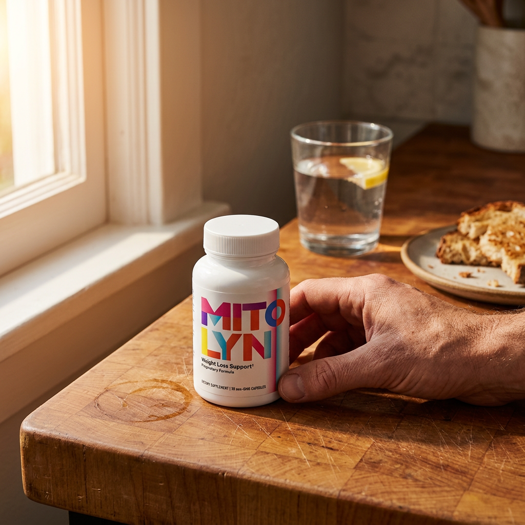Mitolyn bottle on a sunlit kitchen counter beside a bowl of oatmeal