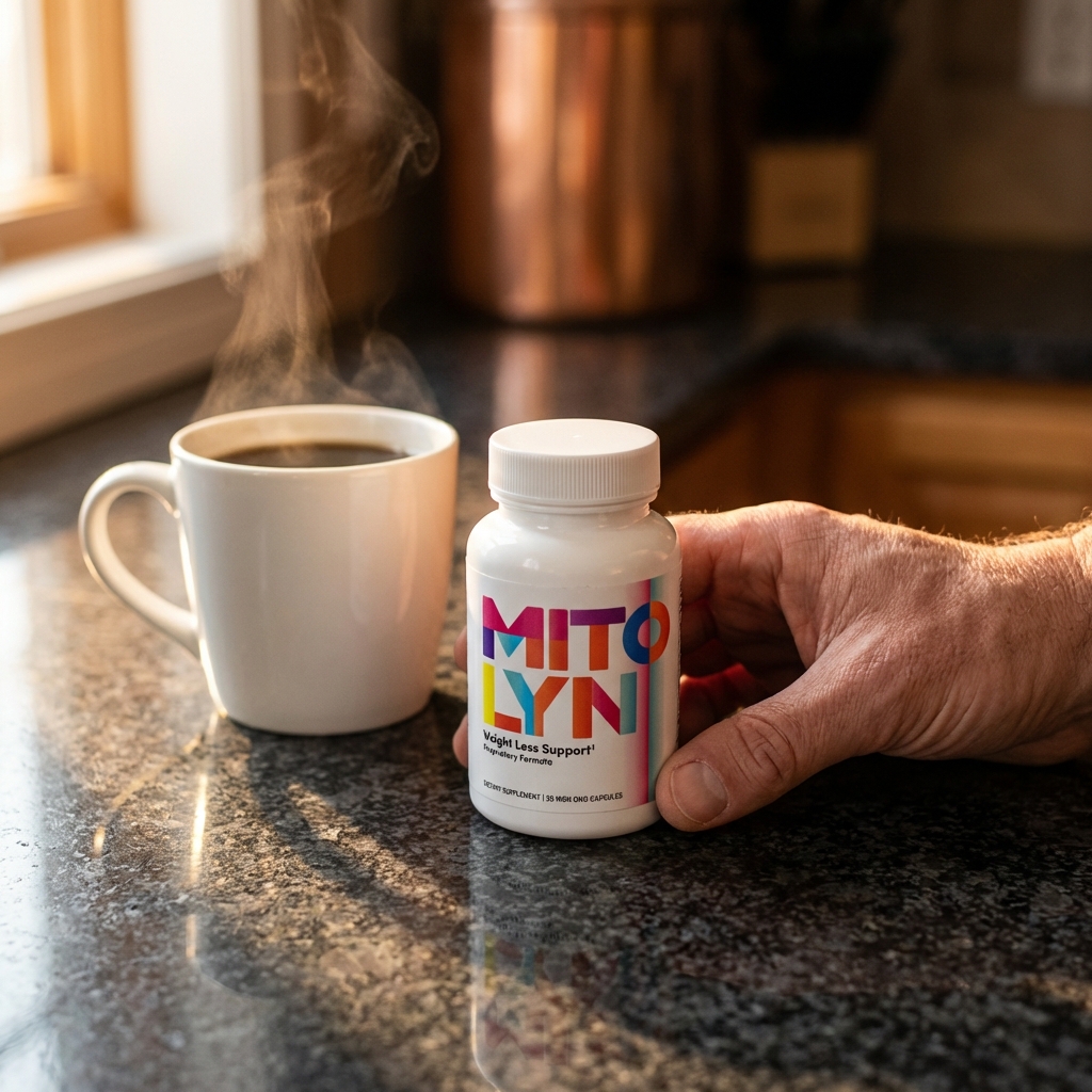 Mitolyn bottle on granite counter beside coffee in warm morning light