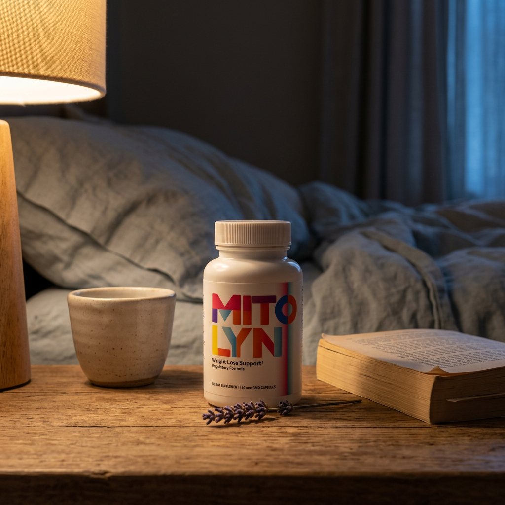 Mitolyn bottle on a walnut bedside table in warm amber lamplight