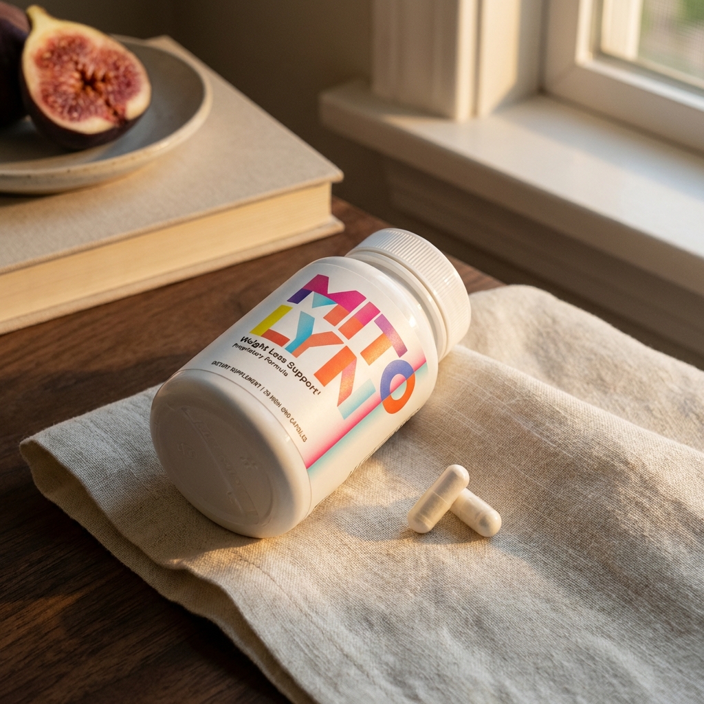 Mitolyn bottle and capsules on linen cloth in warm late afternoon light