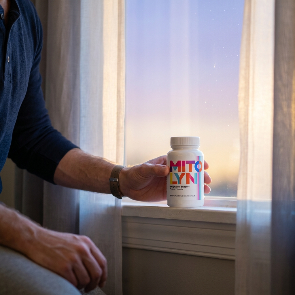 Man's hand reaching for Mitolyn bottle on windowsill in soft dawn light