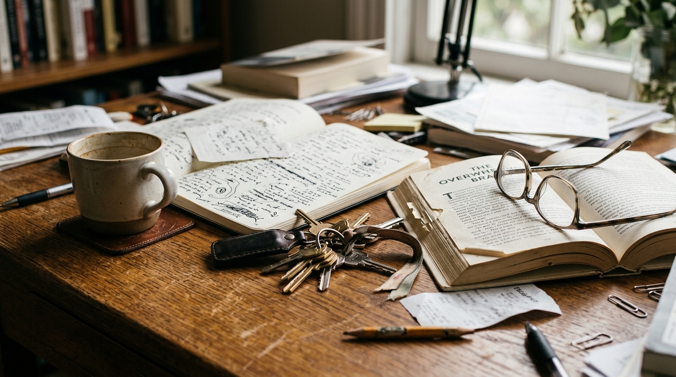 scattered objects desk keys books glasses disorganized