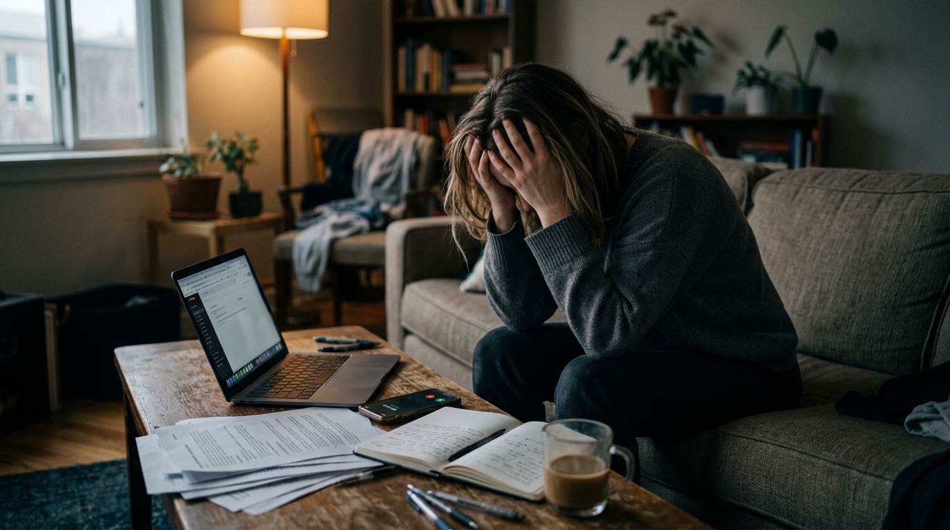 overwhelmed woman sitting couch head in hands