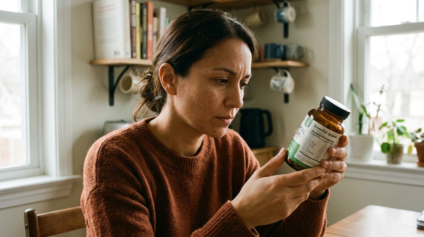 woman reading supplement label focused expression research