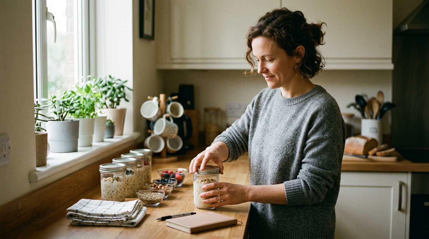 woman completing task kitchen counter morning focused