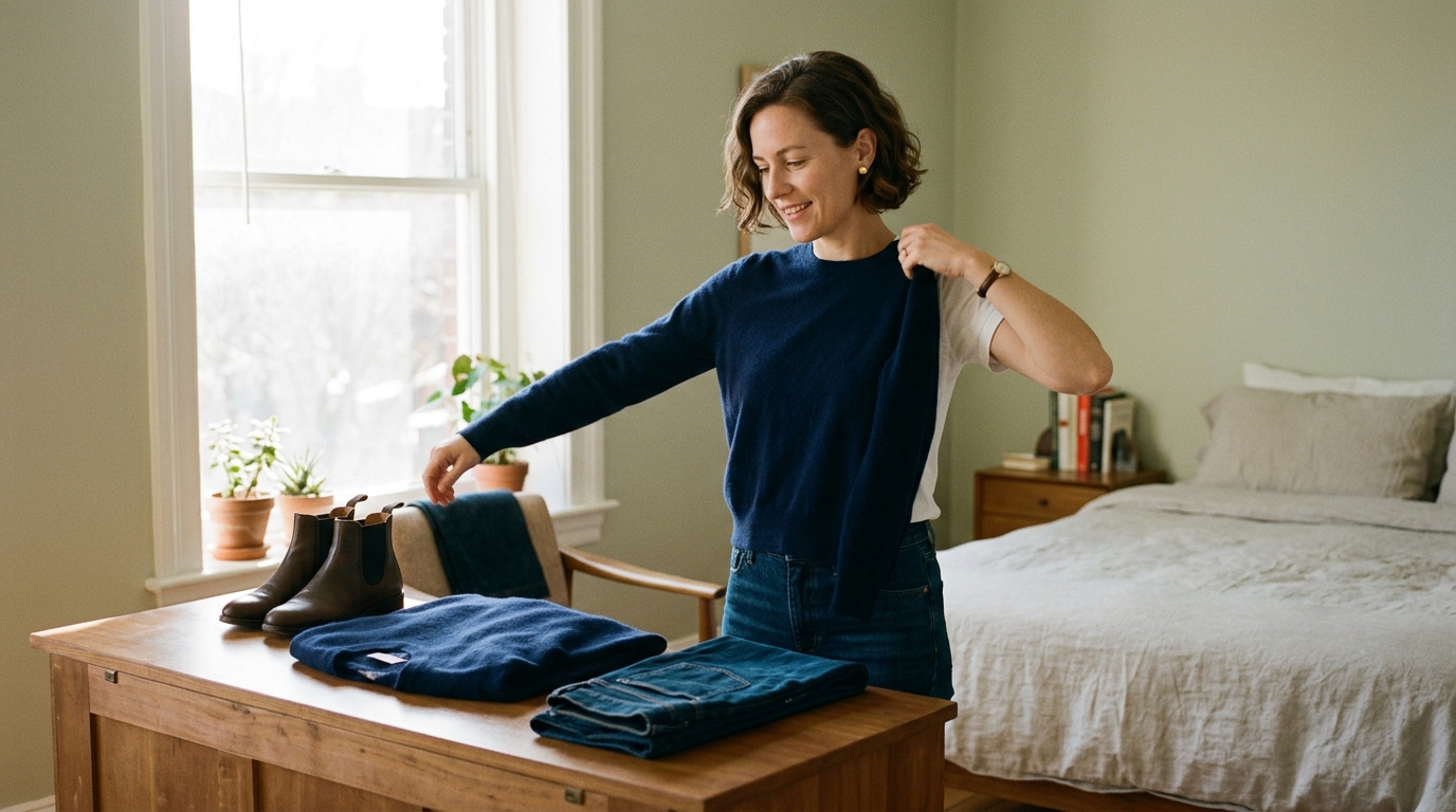 woman getting dressed confidently morning light bedroom