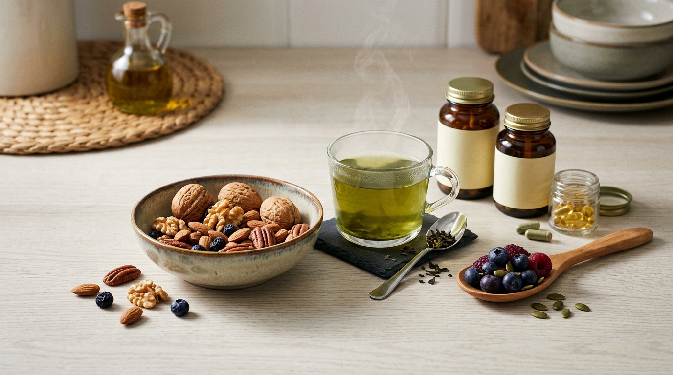 brain healthy foods nuts berries tea supplements arranged