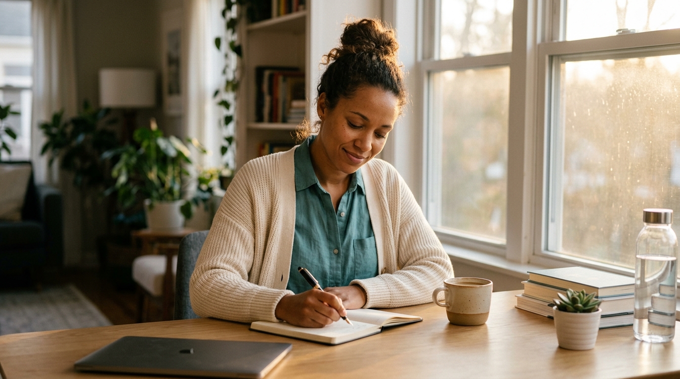 woman working contentedly organized desk golden light