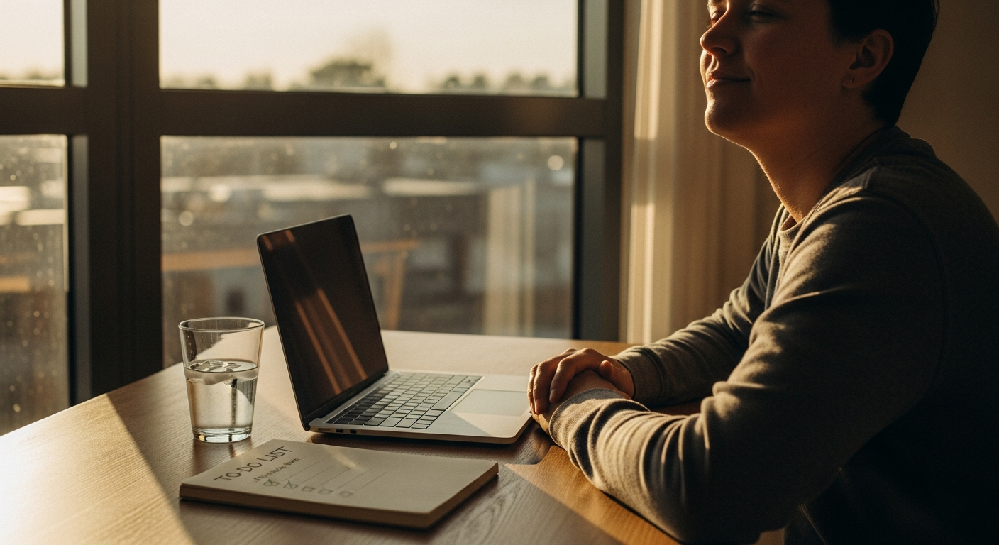 Person focused at a desk in late afternoon, appearing steady and alert.