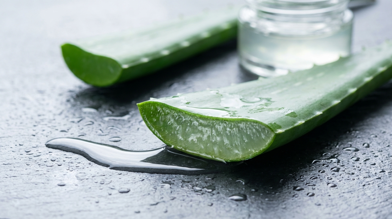 Fresh aloe vera cross section glistening on wet slate surface