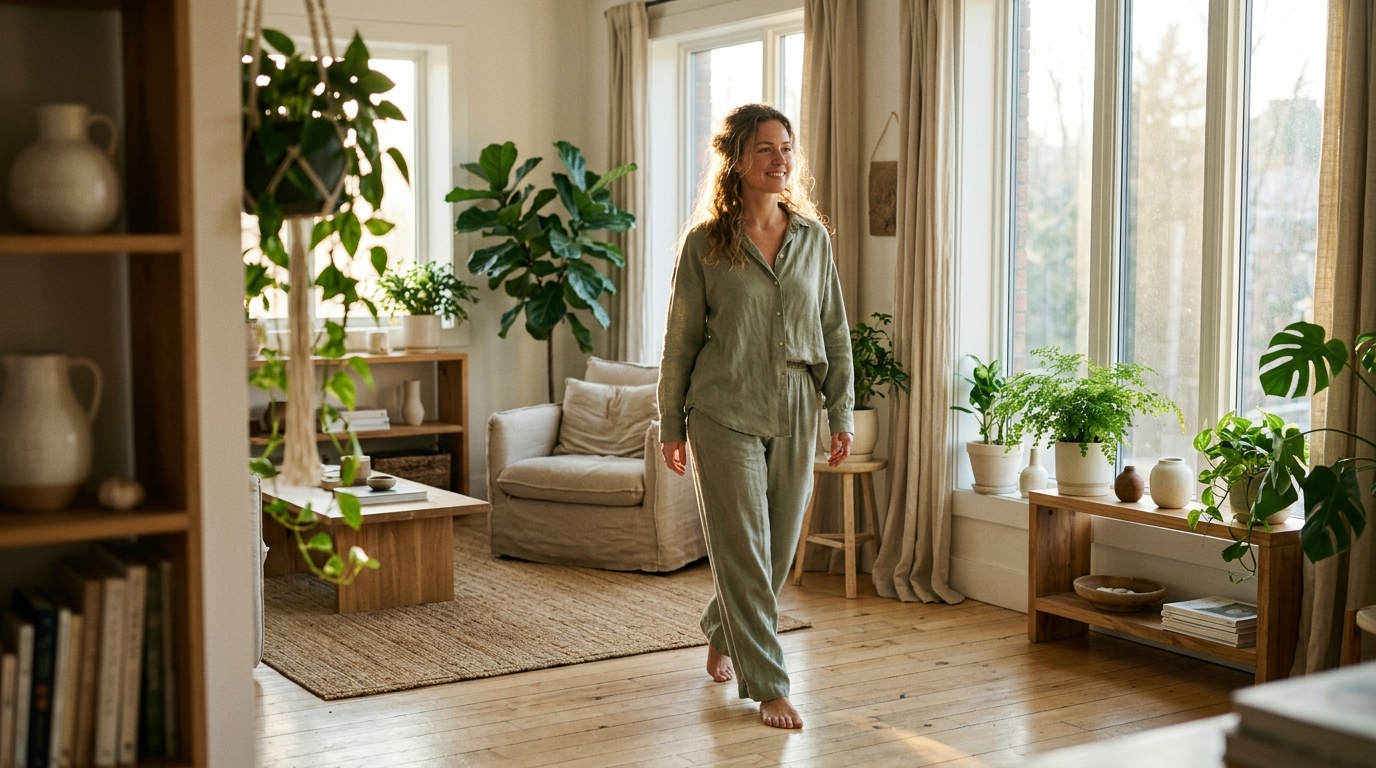 Woman moving gracefully through sunlit morning room