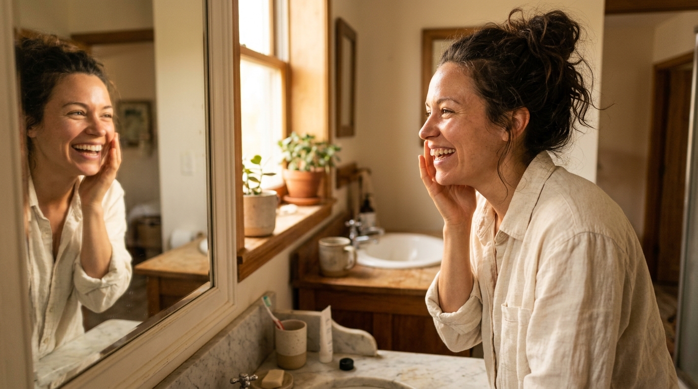 woman mirror reflection surprise radiant healthy skin confidence