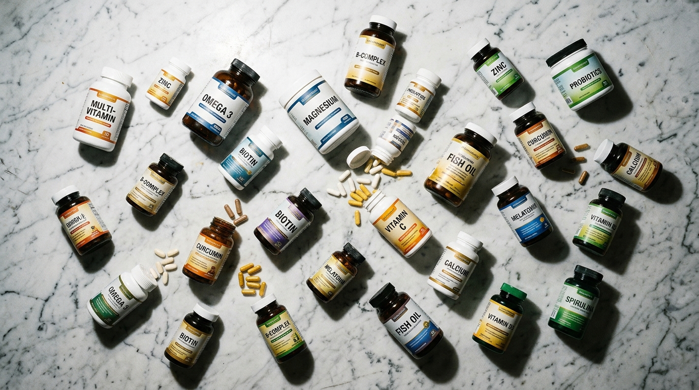 scattered supplement bottles fragmented health approach