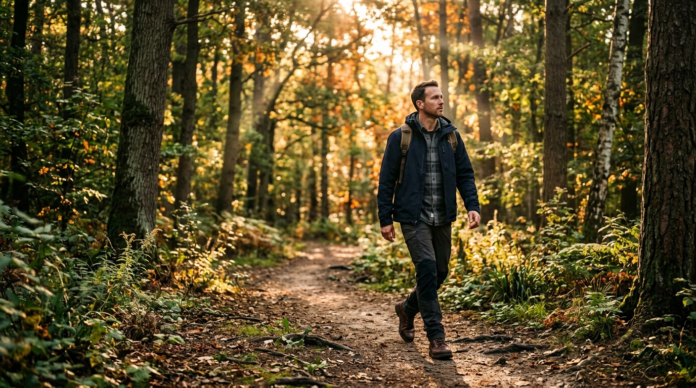 confident man forest trail sunrise renewed purpose