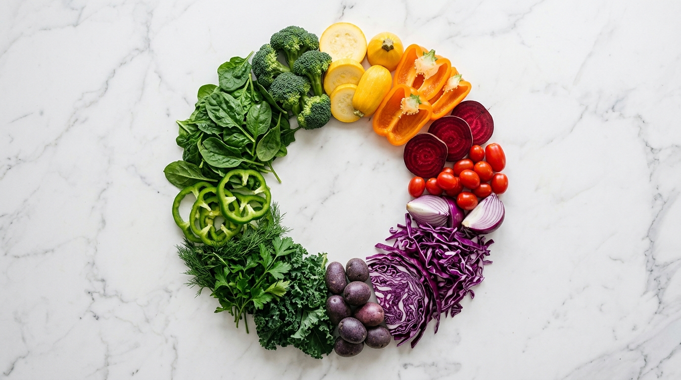 colorful vegetables arranged in circle overhead view
