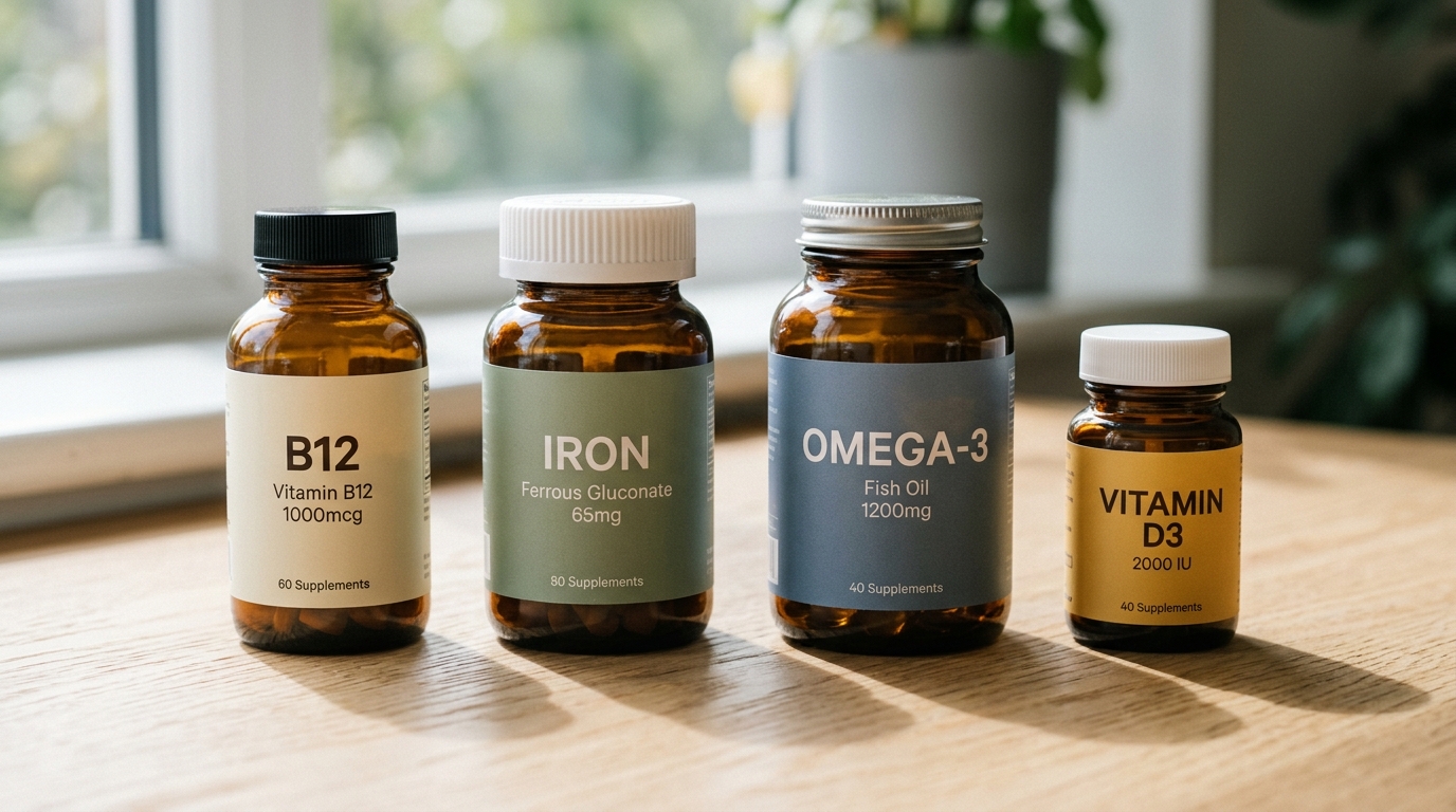 four essential supplements lined up on wooden surface