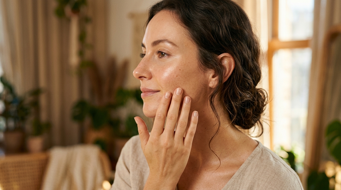 woman examining healthy glowing skin in morning light
