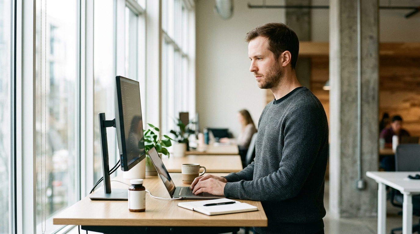 focused man working with mental clarity natural light