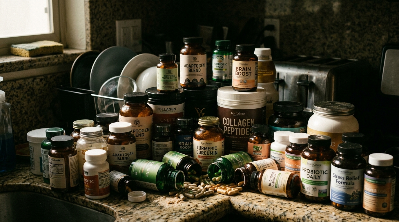 cluttered supplement bottles showing excessive supplementation chaos
