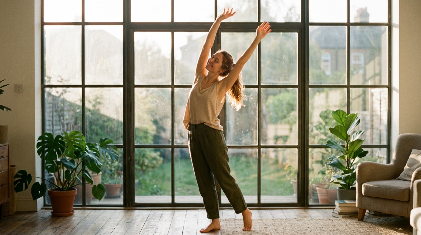 woman stretching energetically in golden morning sunlight