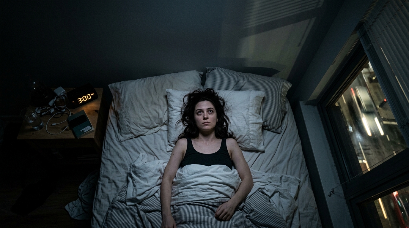 woman lying awake at night staring at ceiling