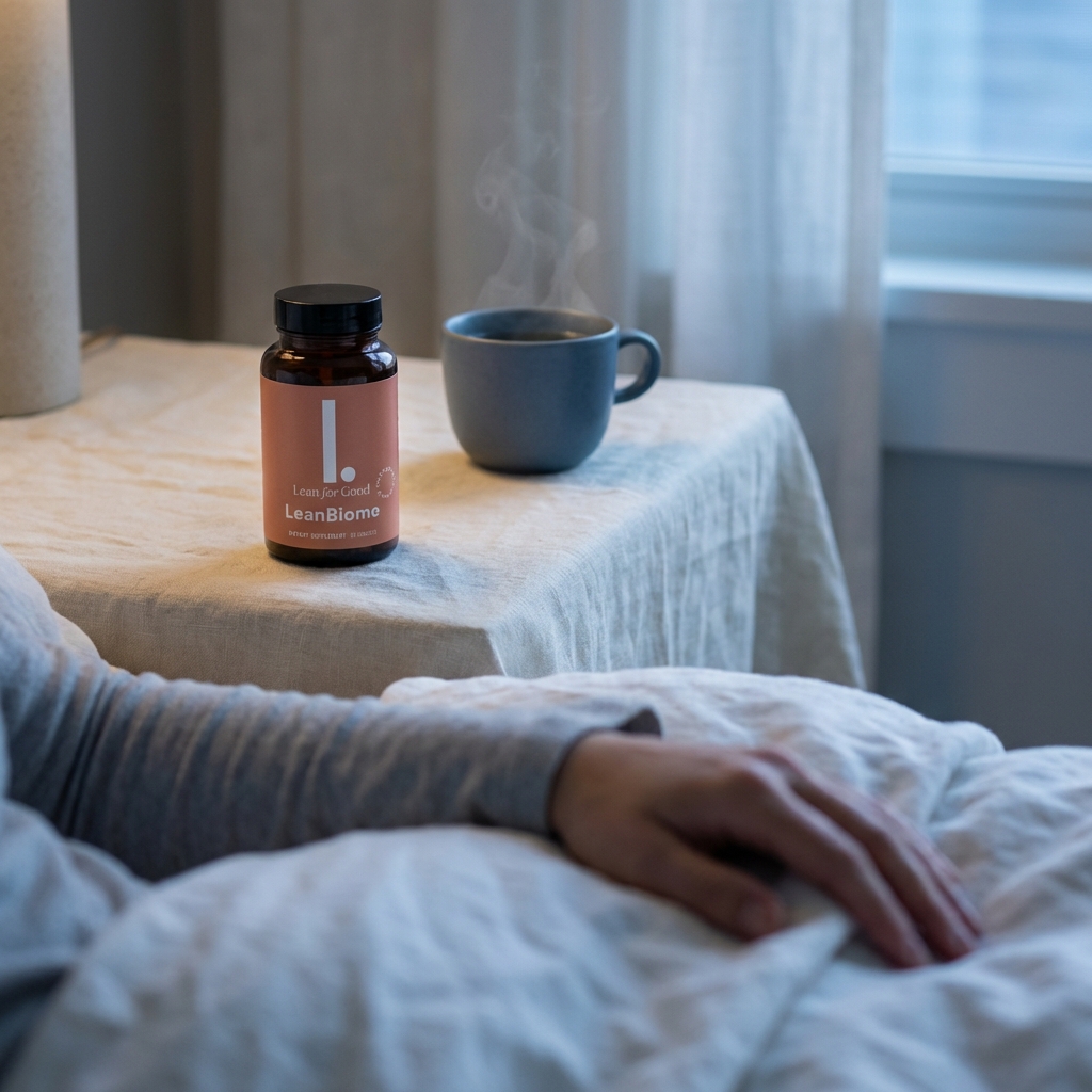 Biome supplement bottle on a bedside table in soft evening light