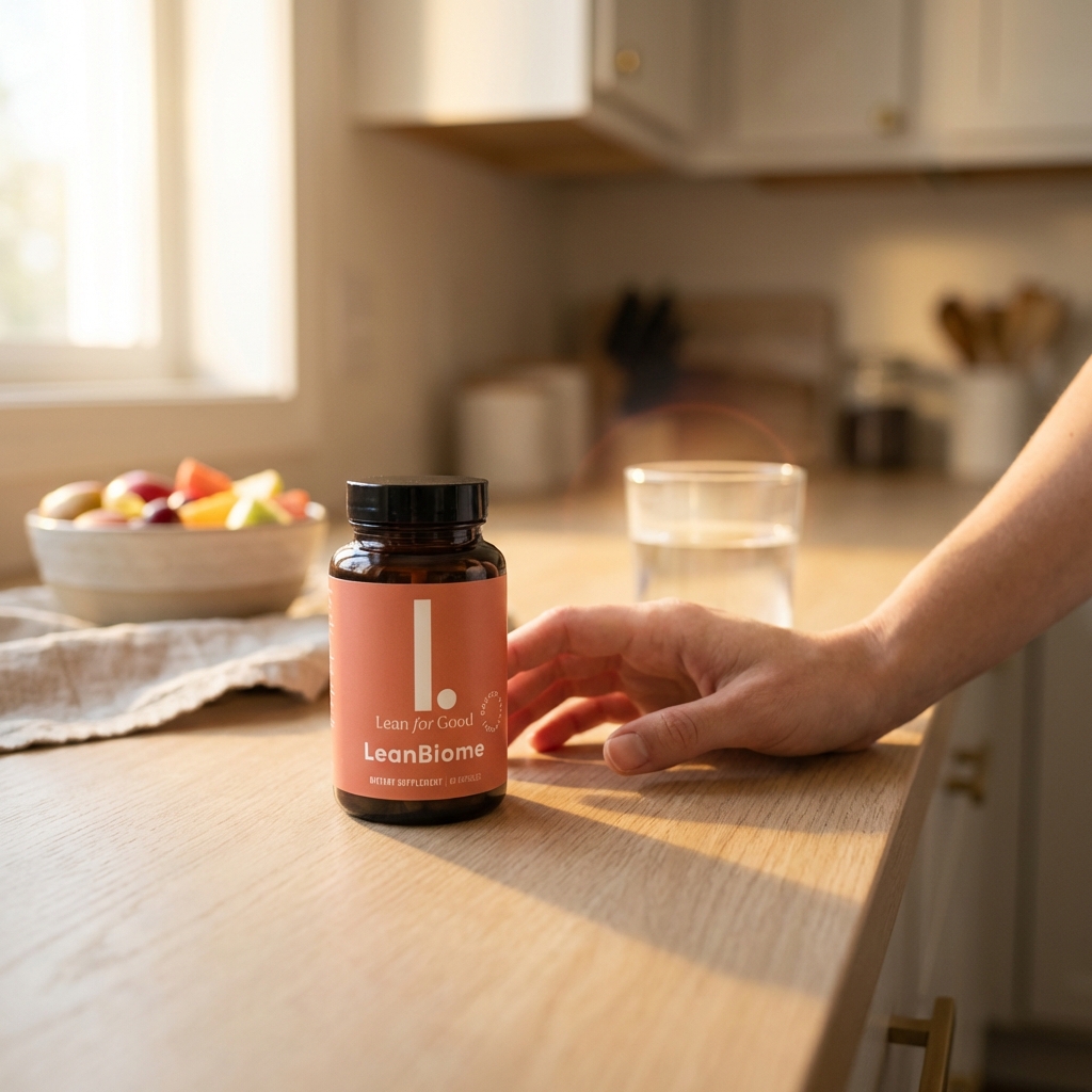 Biome supplement bottle on a sunlit kitchen counter beside a glass of water