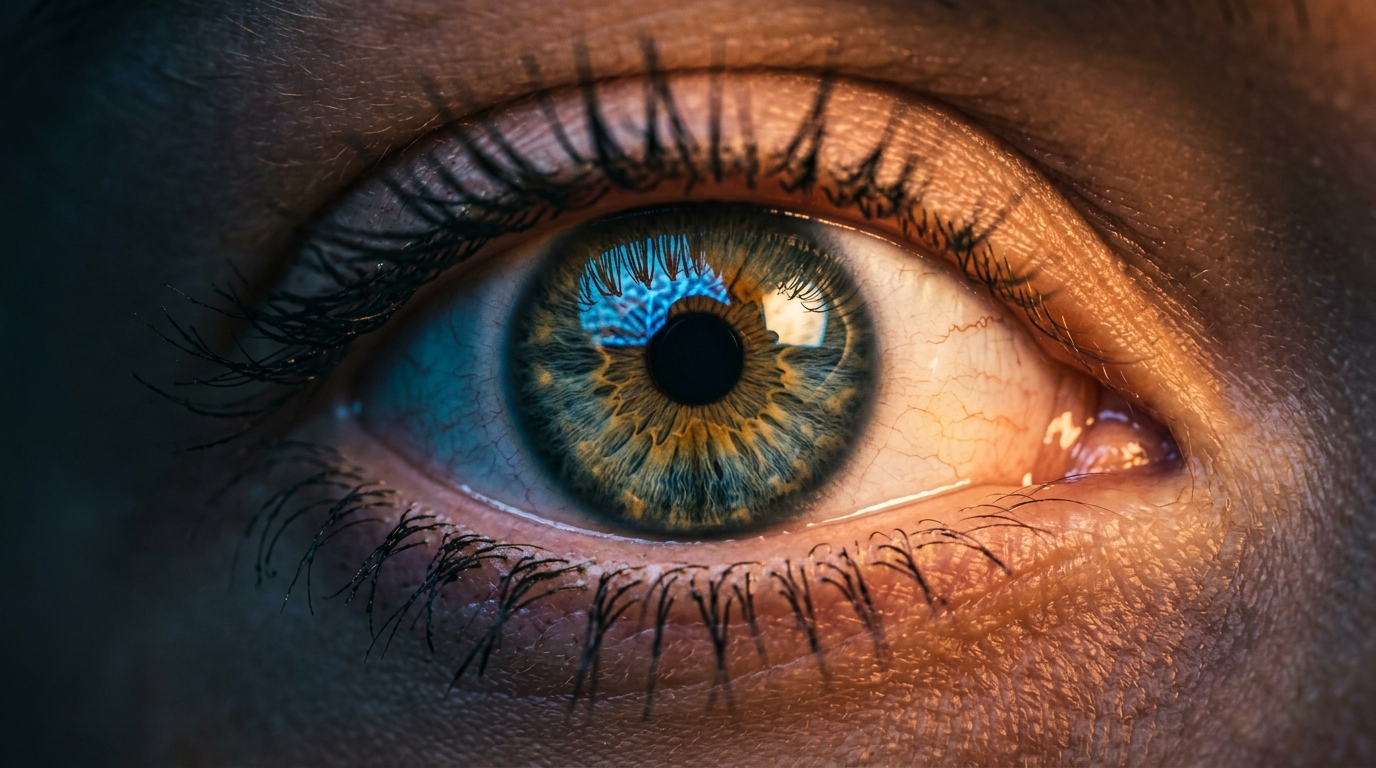 close up eye reflecting blue light patterns