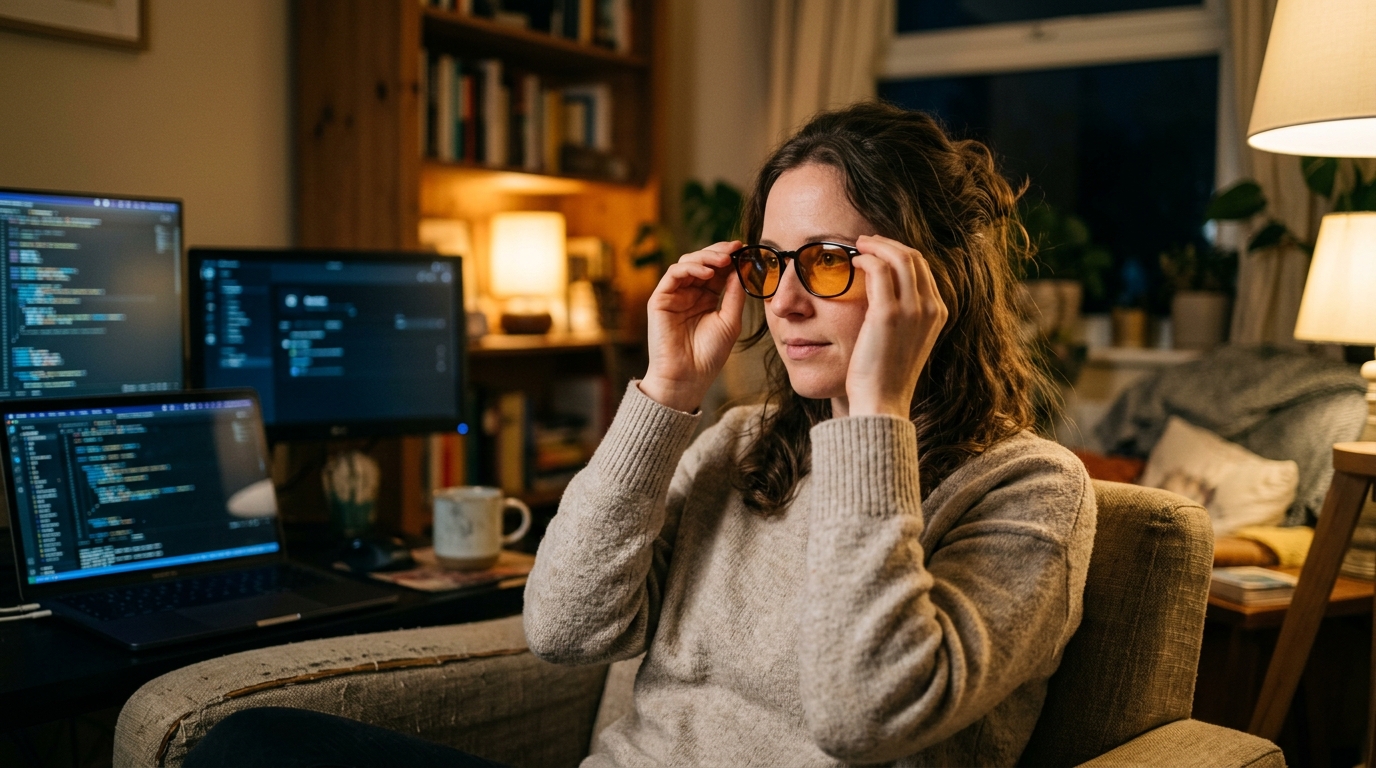 woman wearing amber glasses in warm evening light