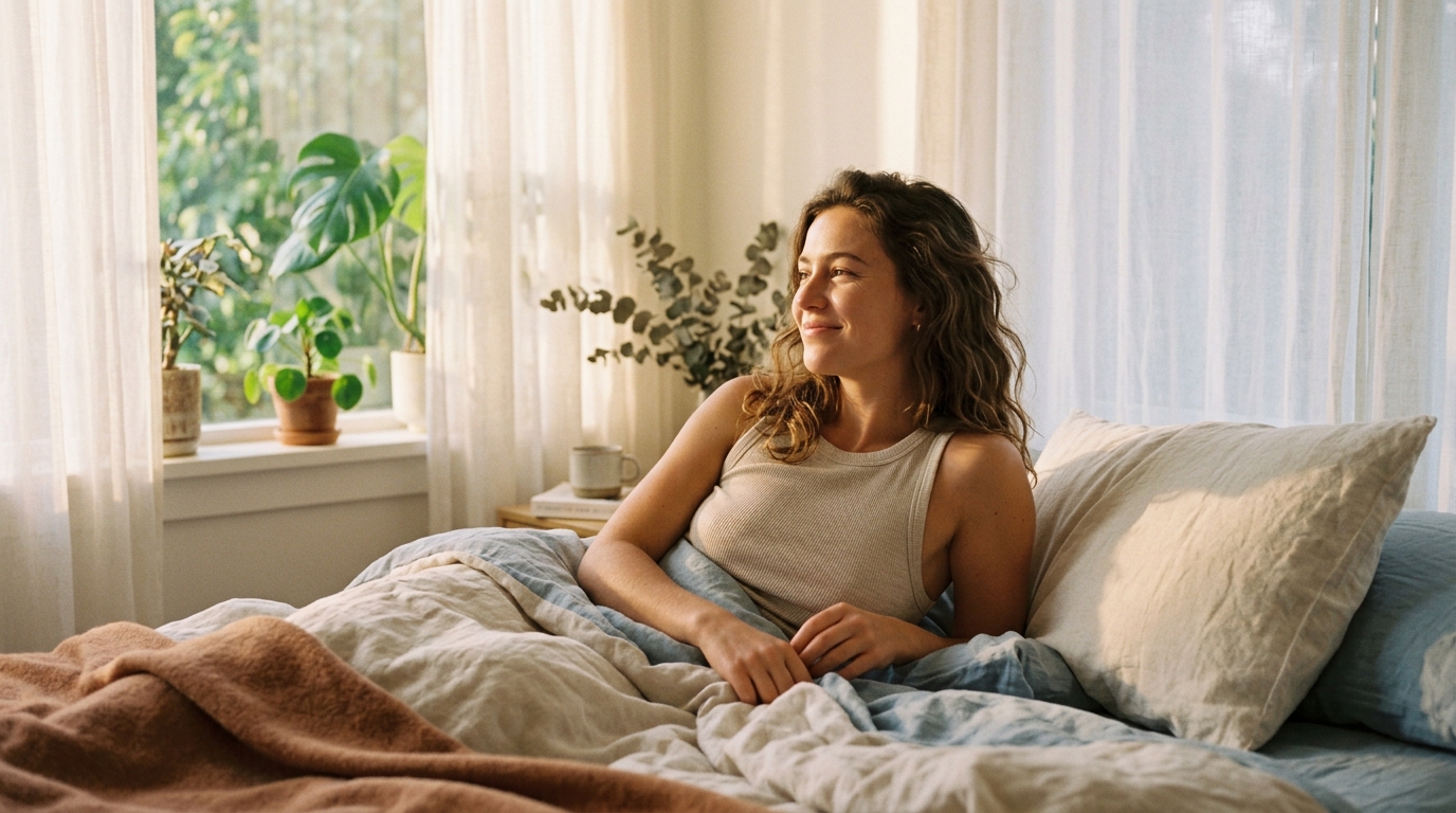 woman waking peacefully in golden morning light