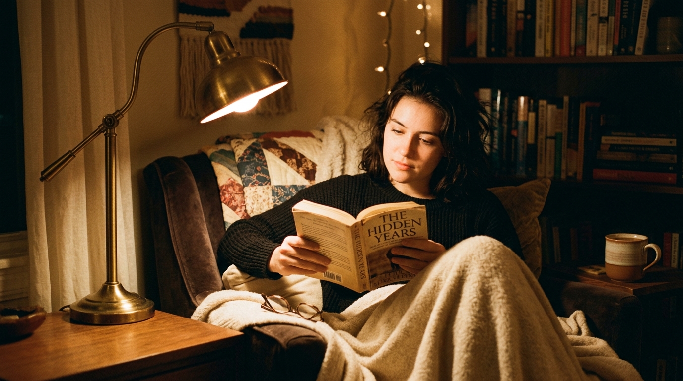 woman reading peacefully by warm lamplight