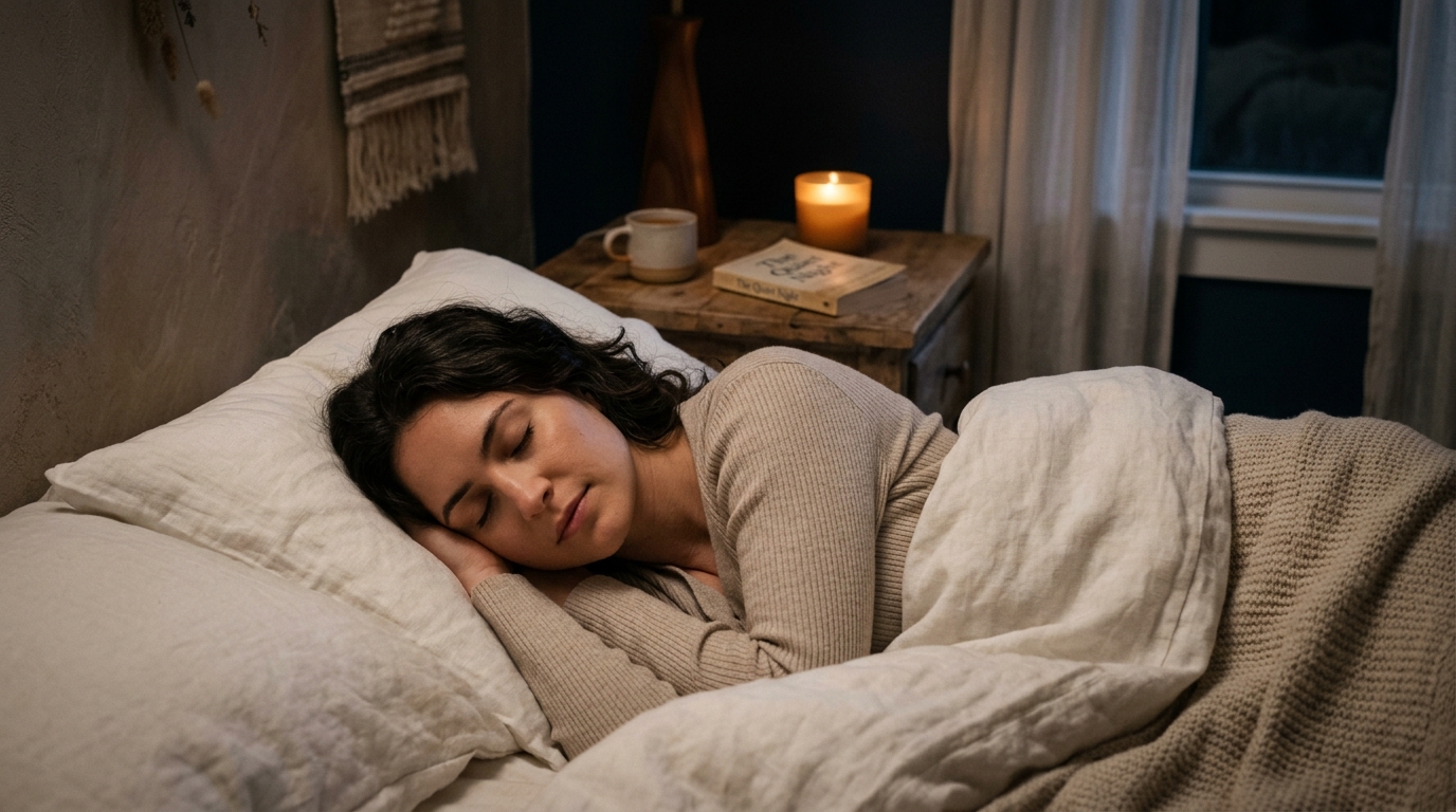 woman lying peacefully in dimly lit bedroom
