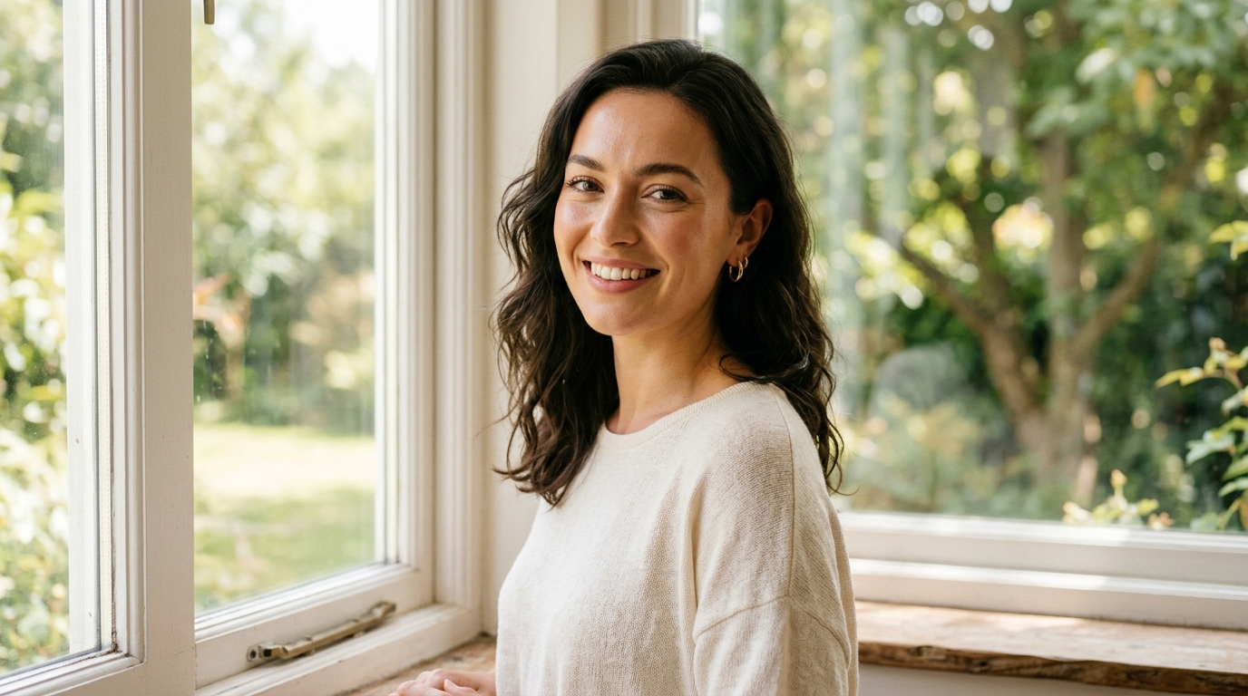 woman with radiant skin and peaceful expression