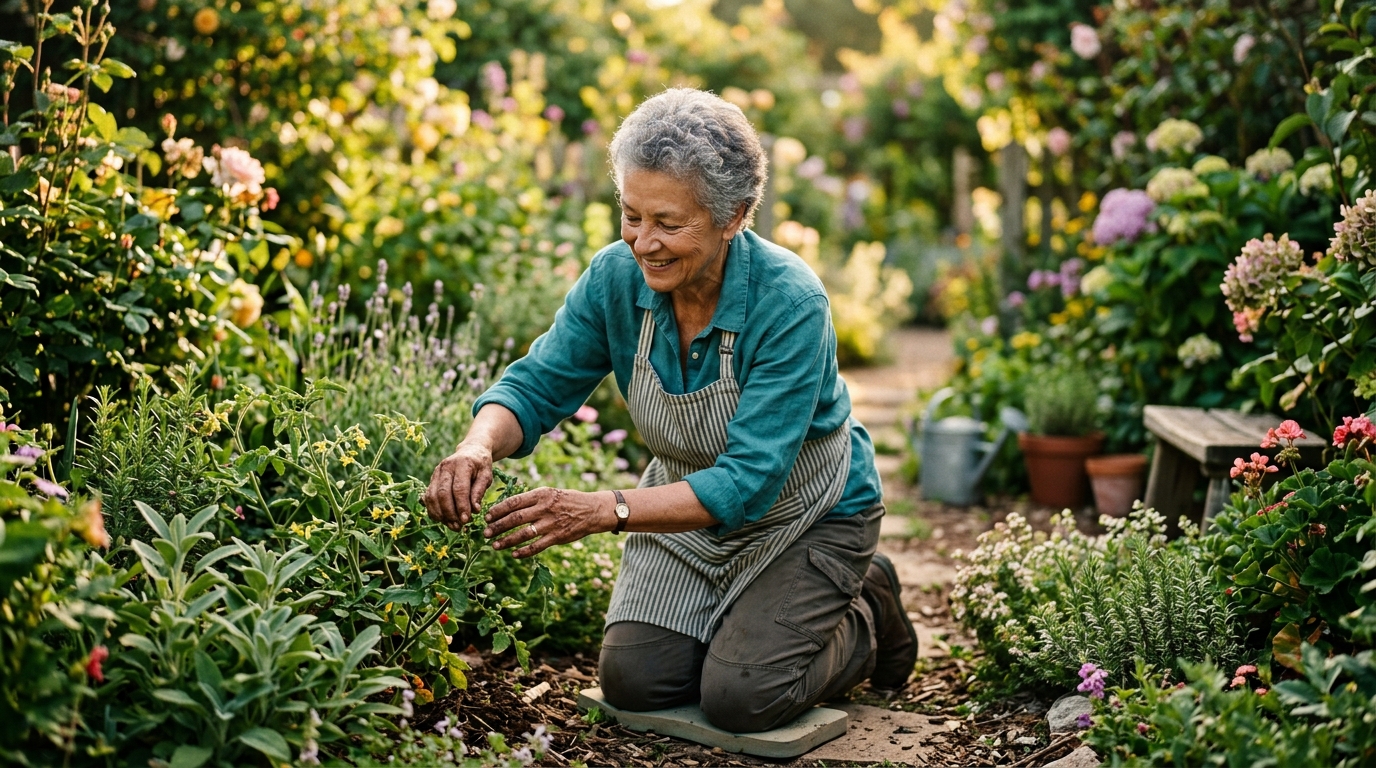 elderly woman gardening with vibrant energy at sunrise