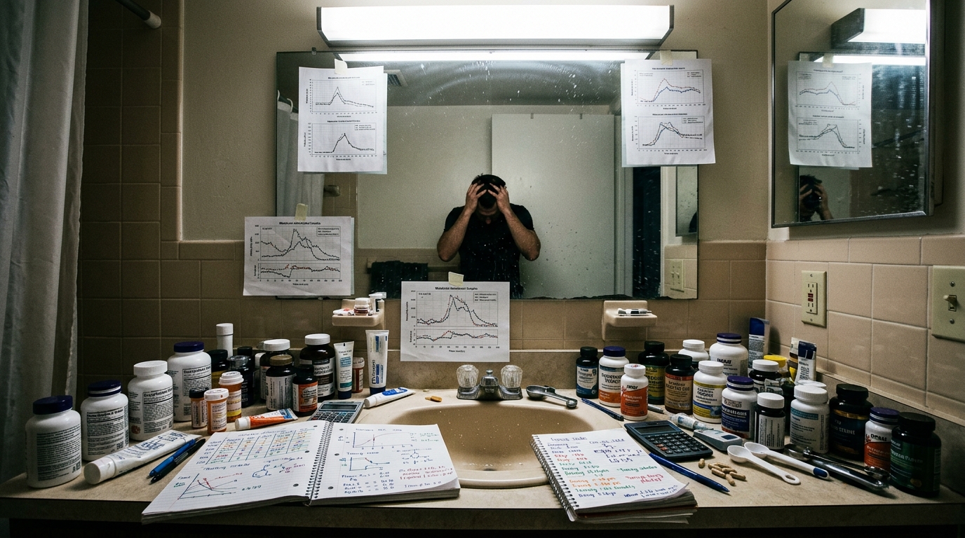 cluttered counter showing complex supplement protocols and schedules