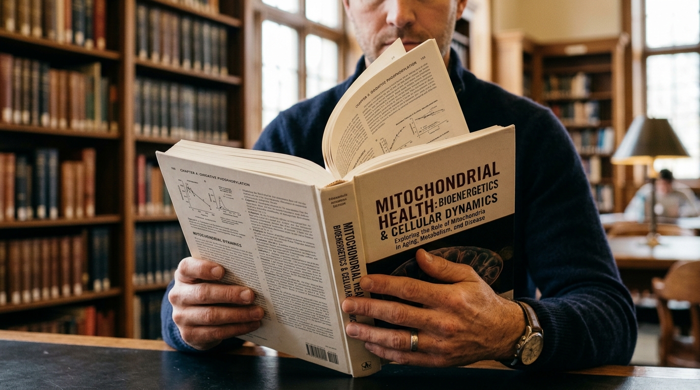 hands holding research on mitochondrial health and cellular support