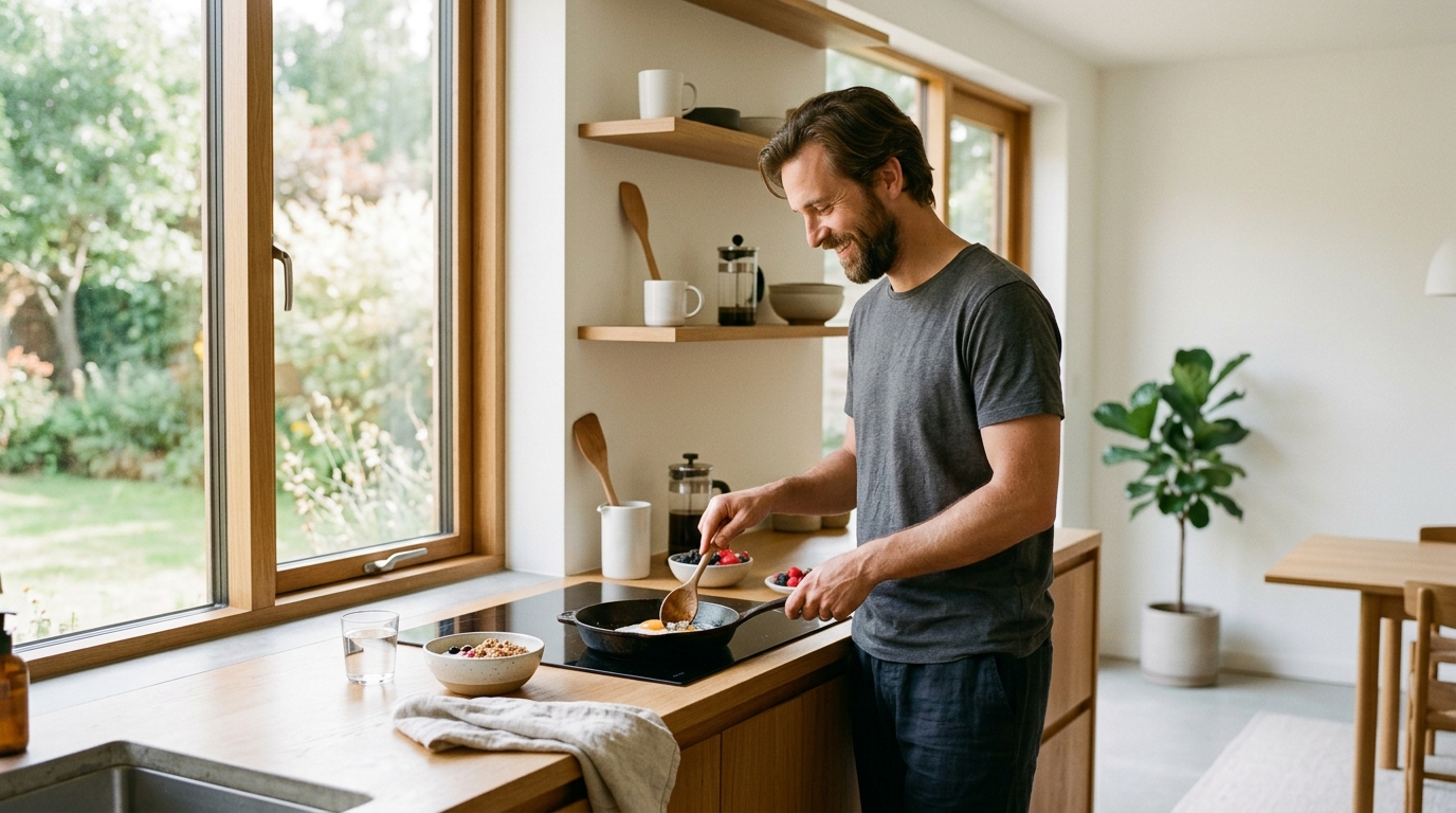 man enjoying simple peaceful morning routine in kitchen