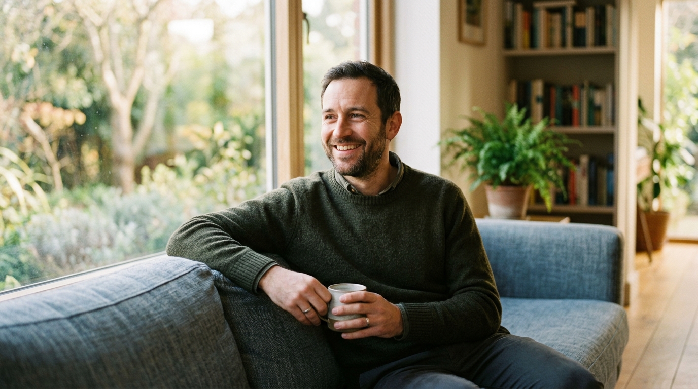 content man with natural vitality in afternoon light