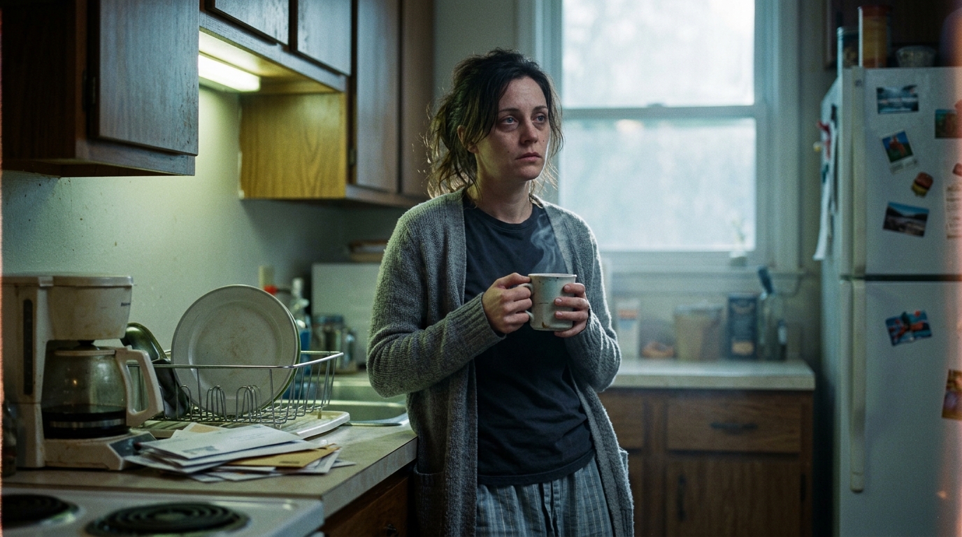 tired woman holding tea in morning kitchen