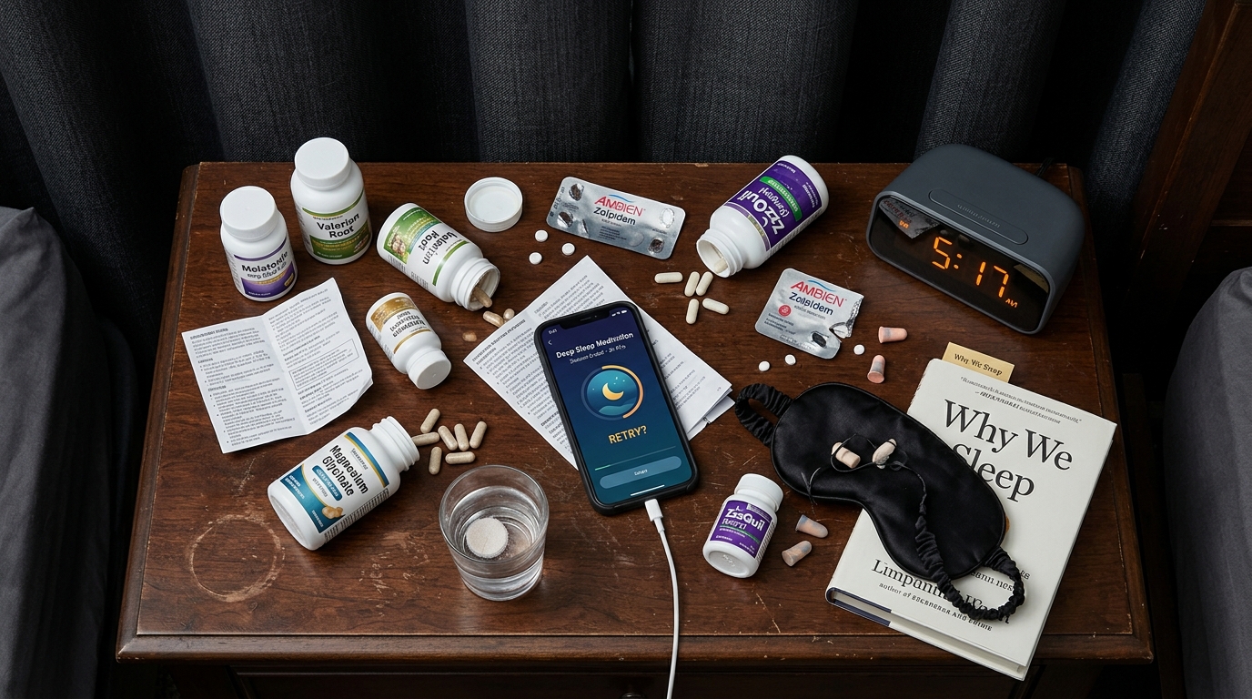 various sleep aids scattered on bedside table
