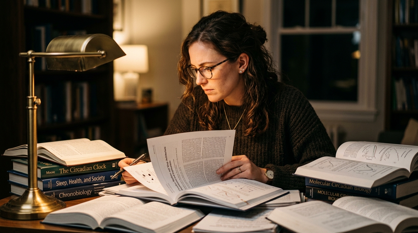 woman studying circadian rhythm research by lamplight