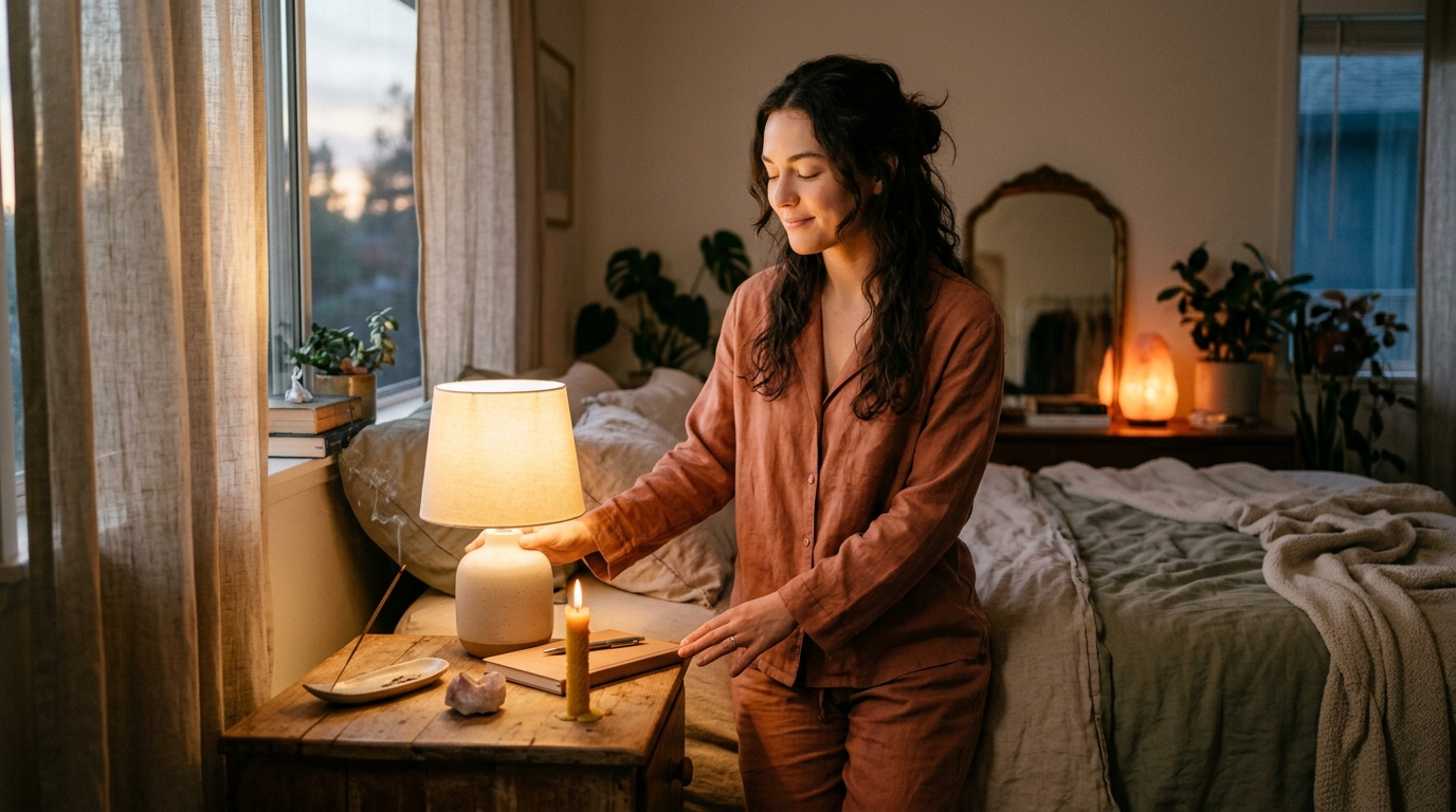 woman preparing peaceful bedtime environment