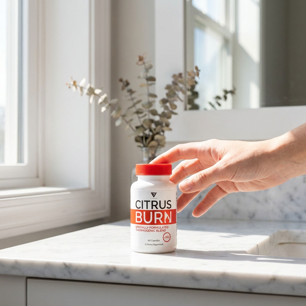 CitrusBurn bottle on vanity in bright daylight with a hand reaching for it