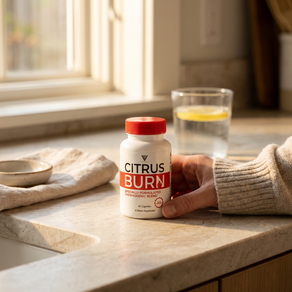 CitrusBurn bottle on kitchen counter in morning light