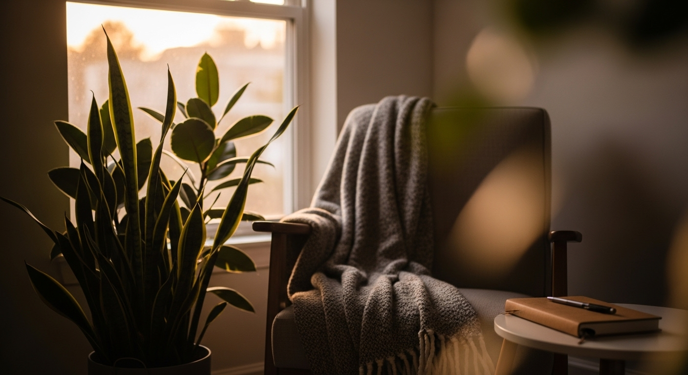 Cozy living room corner at dusk with soft window light, plant, and closed journal.
