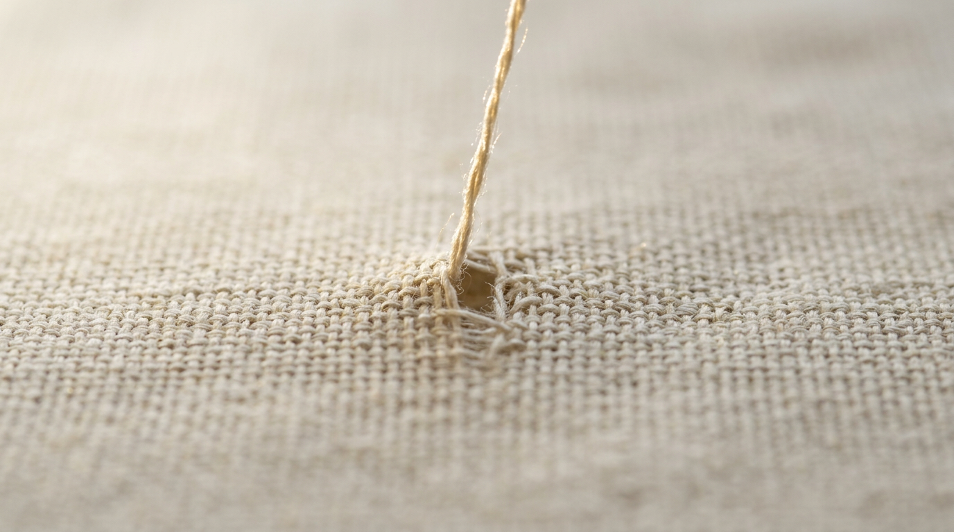 Macro close-up of a thread being pulled from a linen weave in warm sidelight