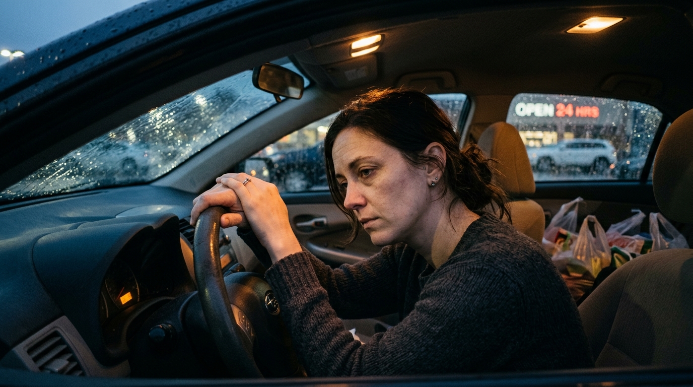 exhausted woman sitting in car after grocery shopping