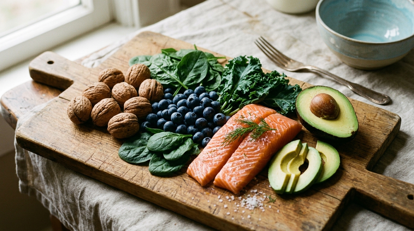 brain healthy foods arranged on wooden cutting board