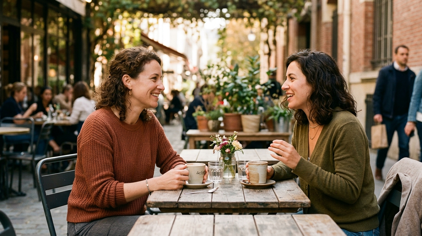 two women having genuine conversation at cafe table