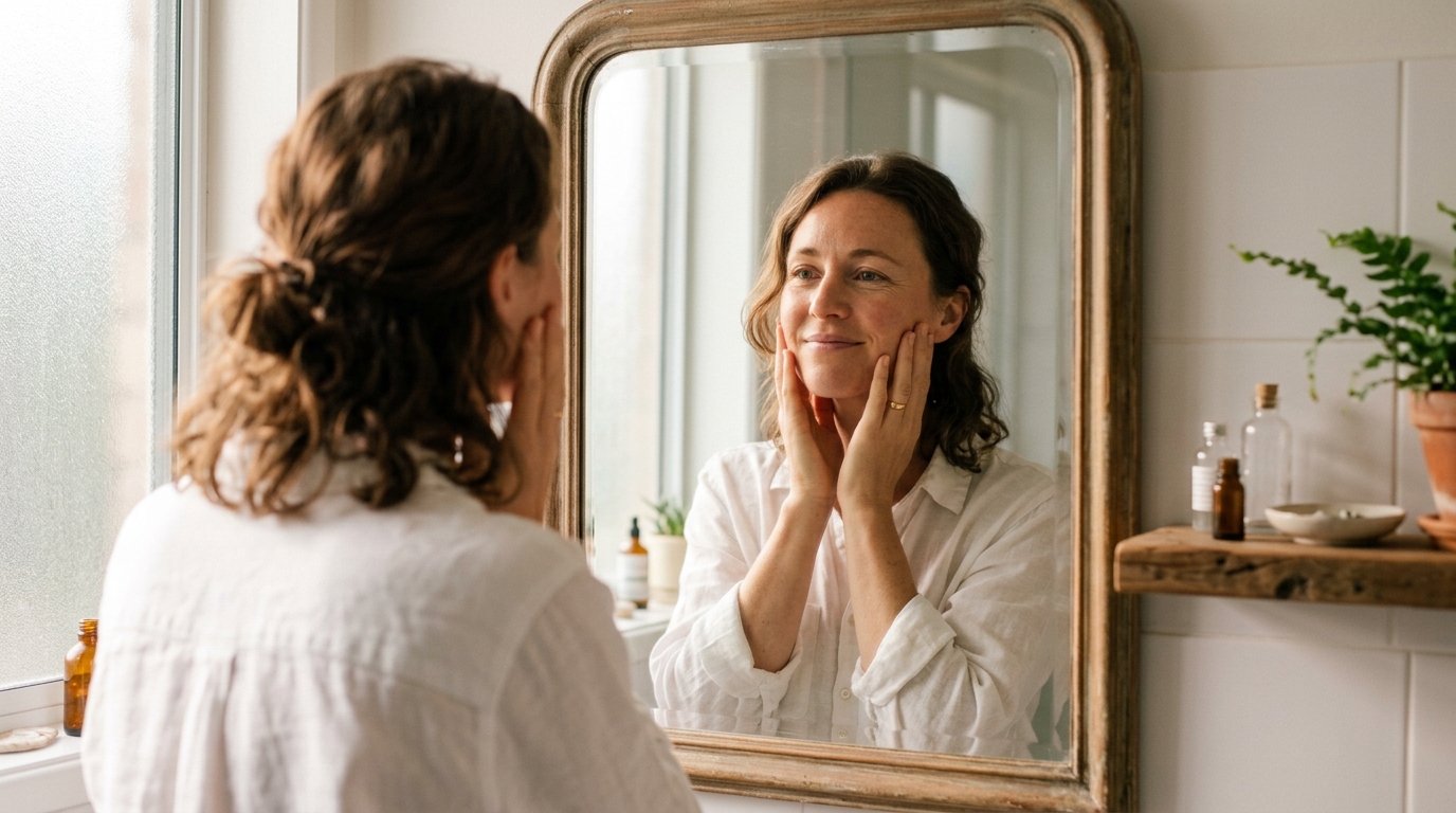 woman looking at herself with compassion in mirror